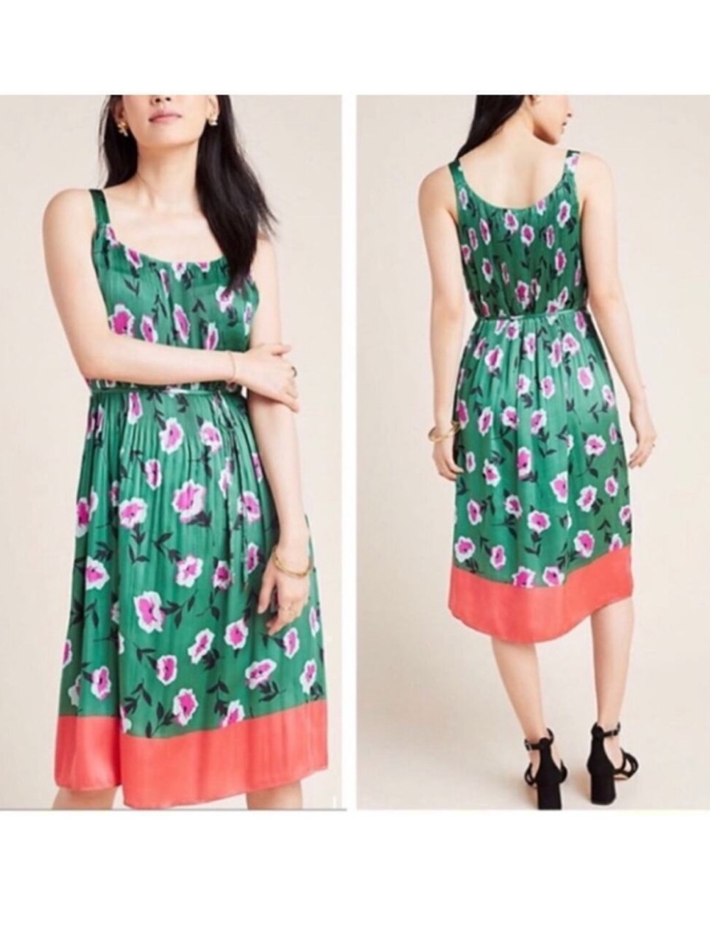 Anthropologie Mireille Green Floral Pleated Midi Dress Size Large